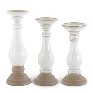 White Ceramic Candleholders w/Unglazed Base