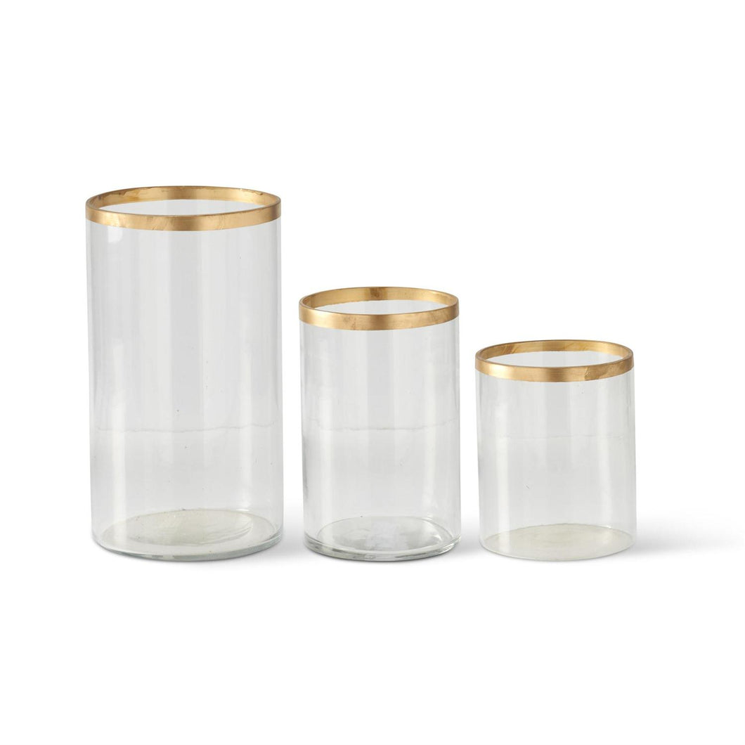 Clear Glass Cylinder Vases w/Hand Painted Gold RIm