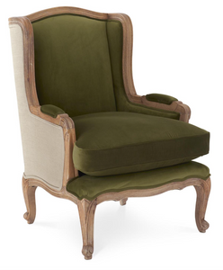 40.25 INCH GREEN & TAN MANGO WOOD WING CHAIR