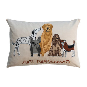 Cotton Slub Lumbar Pillow w/ Embroidered Dogs, Polyester Fill