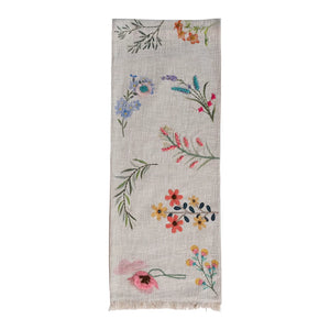 Cotton Slub Printed Table Runner w/ Flowers, Embroidery & Fringe