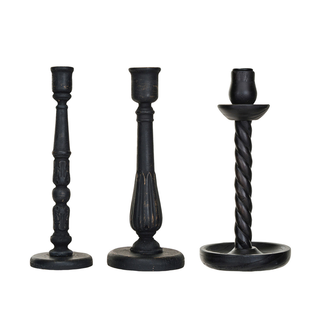 Carved Wood Taper Holders, Distressed Black, Set of 3