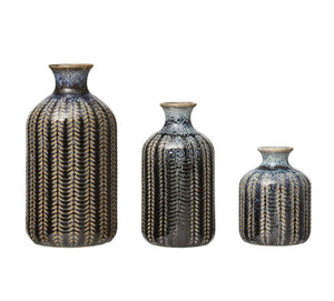 Embossed Stoneware Vases with Glaze, Set of 3