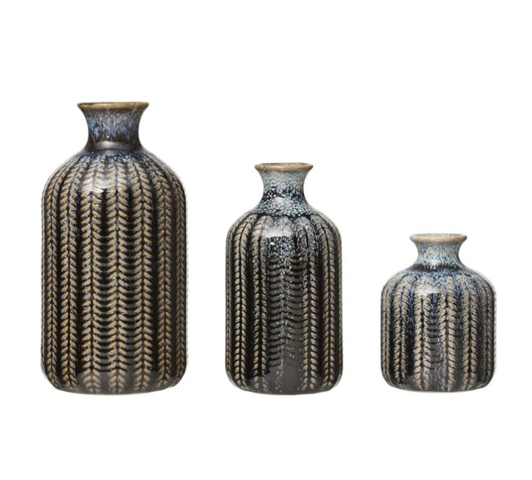 Embossed Stoneware Vases with Glaze, Set of 3