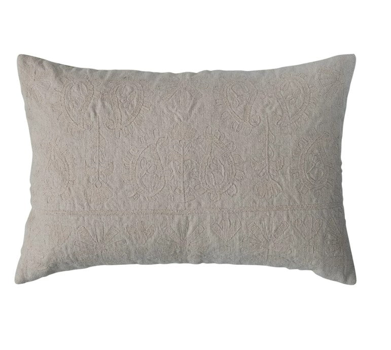 Cotton Lumbar Pillow w/ Embroidered Paisley Pattern