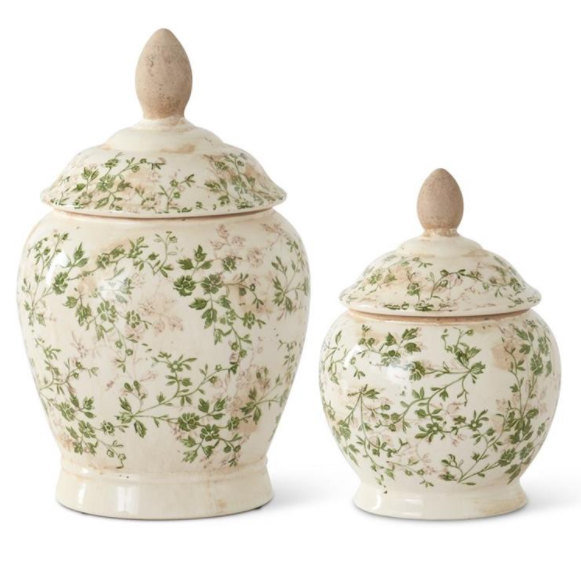 Cream & Green Floral Ceramic Lidded Container