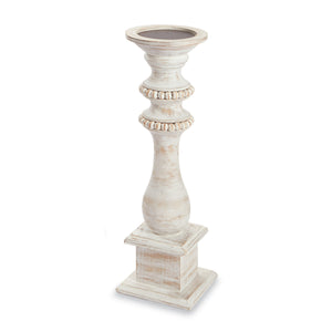 Small White-Washed Beaded Wood Candlestick