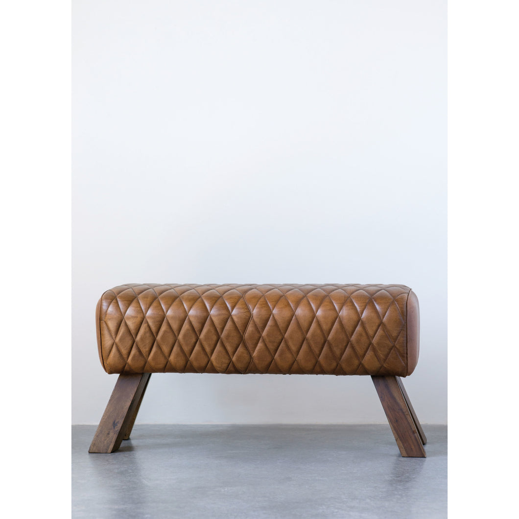Stitched Leather and Wood Bench