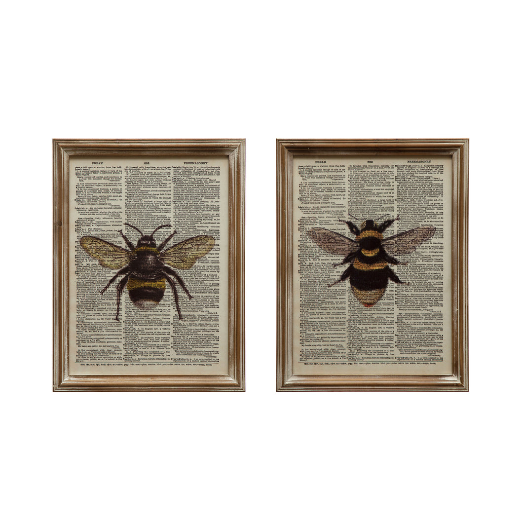 Wood Framed Glass Book Print Wall Décor with Bee