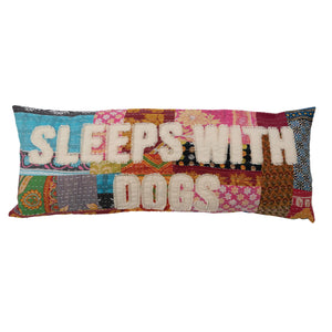 36" x 14" Vintage Kantha Patchwork Lumbar Pillow "Sleeps with Dogs" (Each One Will Vary)