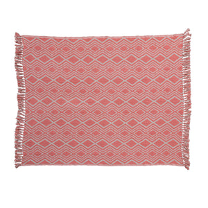 Recycled Cotton Blend Printed Throw w/ Geometric Pattern & Fringe, Pink & Natural