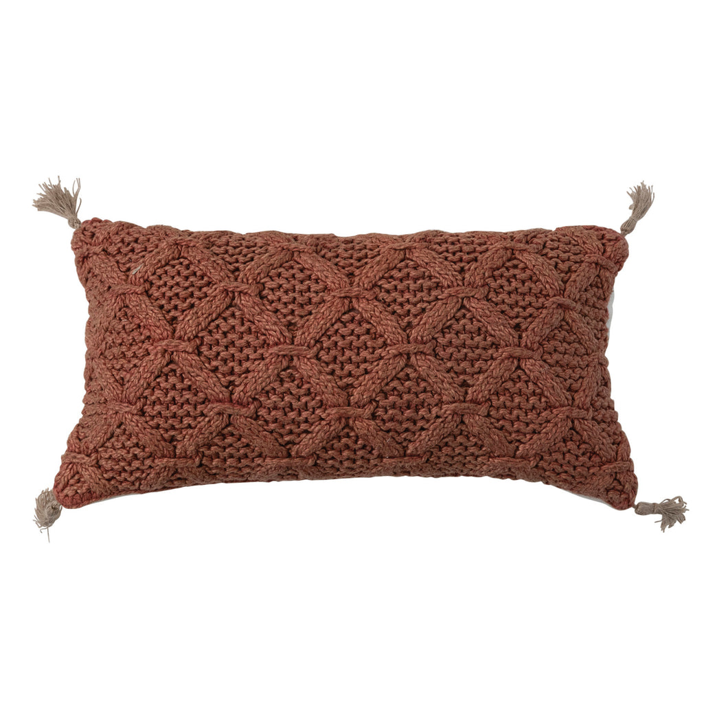 Woven Cotton Slub Lumbar Pillow with Diamond Pattern & Jute Tassels, Rust Color