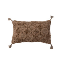 Load image into Gallery viewer, Woven Cotton Slub Lumbar Pillow with Diamond Pattern &amp; Jute Tassels, Camel Color
