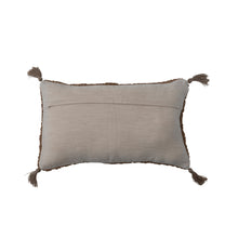 Load image into Gallery viewer, Woven Cotton Slub Lumbar Pillow with Diamond Pattern &amp; Jute Tassels, Camel Color
