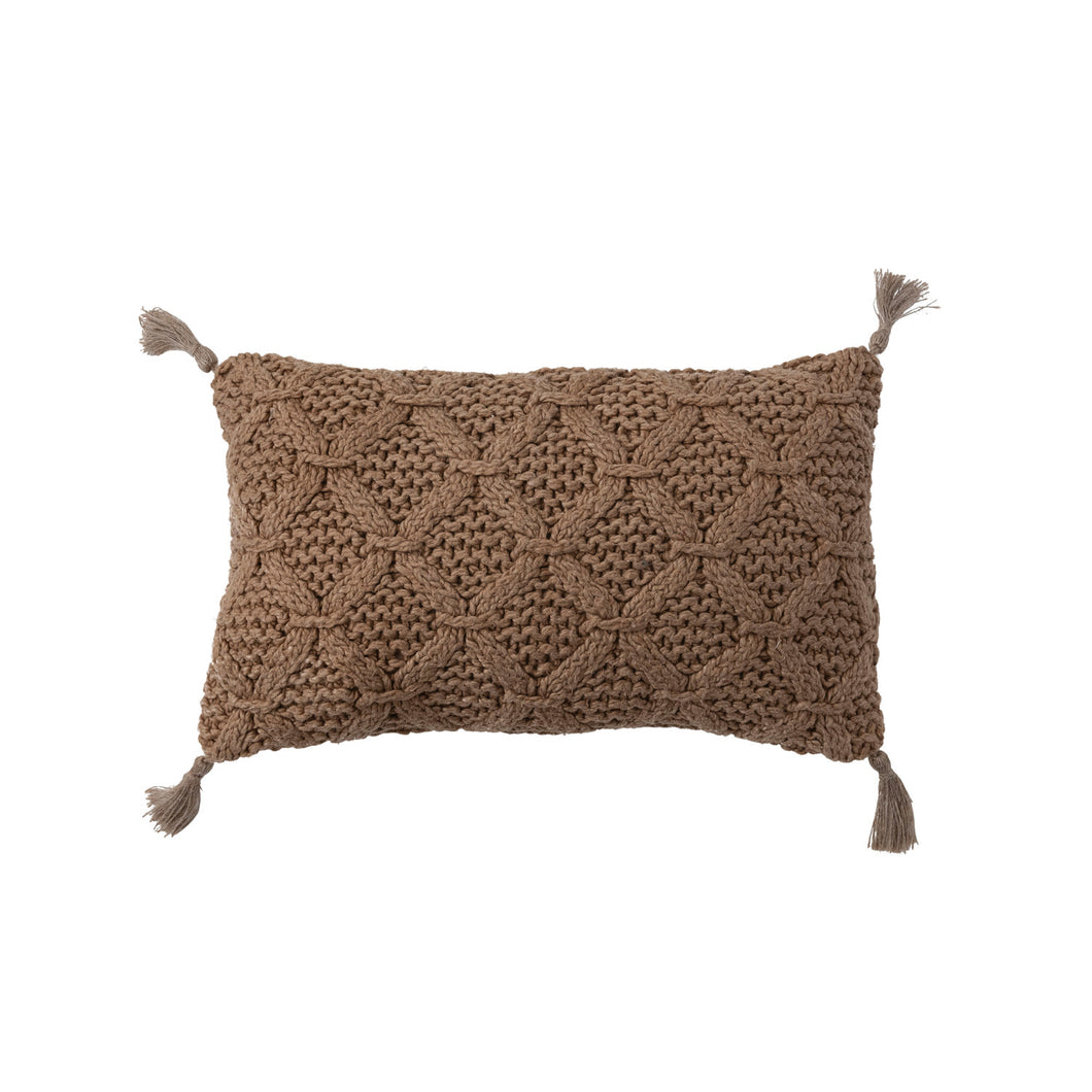 Woven Cotton Slub Lumbar Pillow with Diamond Pattern & Jute Tassels, Camel Color